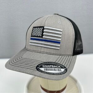 Law Enforcement Blue Line American Flag Trucker Snapback Hat Cap Gray Black NEW